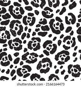 Seamless Pattern Of Leopard Animal Skin Spots. Abstract Design Leopard, Cheetah, Panther. Black And White Trendy Background Print For Fabric, Wallpaper, Cover, Paper