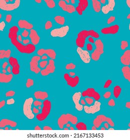 seamless pattern of leopard animal skin spots. Pink coral abstract design leopard, cheetah, panther on a light bright blue background. trendy background print for fabric, wallpaper, cover, paper