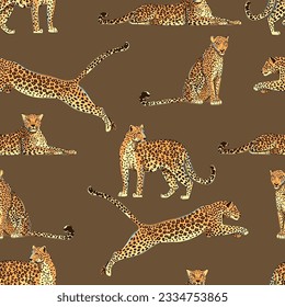 Seamless pattern with leopard animals on a dark brown background. The predator lies, sits, jumps and stands. Cartoon style. Hand drawn. Vector illustration.