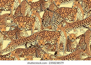 Seamless pattern with leopard animals. Animals snuggle up to each other. The predator lies, sits, jumps and stands. Cartoon style. Hand drawn. Vector illustration.