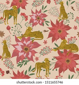 Seamless pattern with Leopard and Christmas flowers and plants. Editable vector illustration.