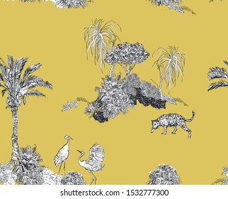 Seamless Pattern Leopard and Crane Birds in Dessert with Palms and Bushes Etching Drawing Black and White on Yellow Background British Style Textile Design