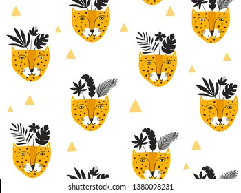 Seamless pattern with leopard cute faces and silhouets of tropical leaves and flowers. Exotic animals is scandinavian style surface design for baby fabric and children room wallpaper.