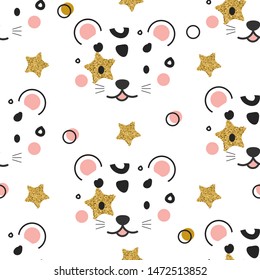 Seamless pattern with leopard face. Jungle animal in scandinavian style. Background for kids fashion prints and children design