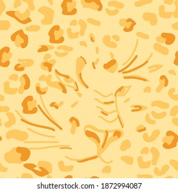 Seamless pattern with leopard face. Yellow orange leopard print. Vector illustration of a wild animal. Background with spots, imitation of animal skin. Textile design, digital paper, safari texture