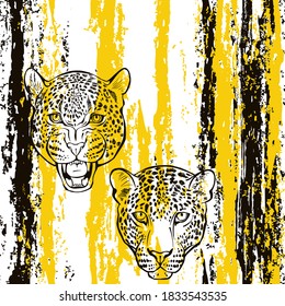 Seamless pattern with leopard faces and texture stripes. Hand-drawn vector illustration on white. Animal art background.