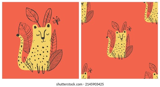 Seamless pattern with leopard. Hand drawn vector illustration