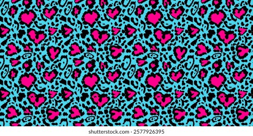 Seamless pattern leopard, jaguar and bright with hearts. Trendy vector background. Template for t-short, graphic design, wallpaper, wrapping paper. Vector illustration leopard hearts seamless pattern.