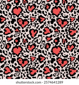 Seamless pattern leopard or jaguar print, textured fashion print. Safari background for fabric, textile, Valentines day. Seamless vector tropical wild cat fur, spots hearts with pink pattern.