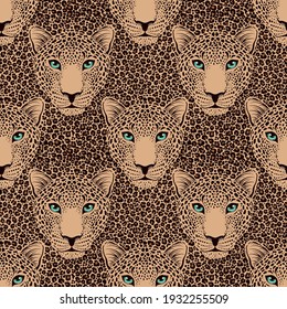 Seamless pattern with leopard muzzle and leopard fur