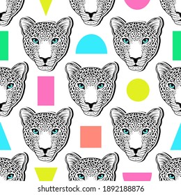 Seamless pattern with leopard muzzle and geometric shapes on white background.