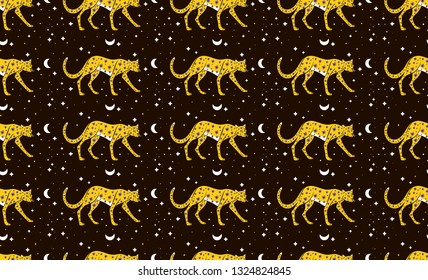 seamless pattern with a leopard on a background of stars