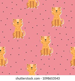 Seamless pattern with leopard on pink background.
