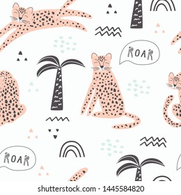 Seamless pattern with leopard and palm tree. Vector illustration, with exotic animal, for printing on fabric, wrapping paper, bed linen, Wallpaper. Cute baby background.