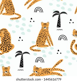 Seamless pattern with leopard and palm trees. Vector illustration, with exotic animal, for printing on fabric, wrapping paper, bed linen, Wallpaper. Cute baby background.