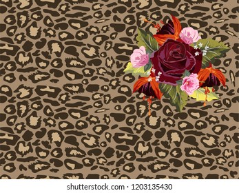 Seamless pattern with  leopard print and beautiful flowers. Vector background with animal skin texture. For printing on fabric, wallpaper, packaging.