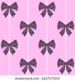Seamless pattern of leopard print bows on alternating light and dark brown stitched squares.