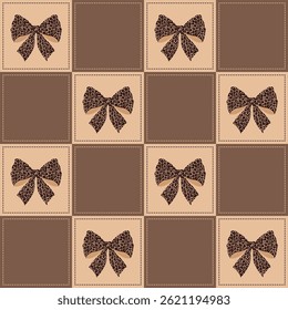 Seamless pattern of leopard print bows on alternating light and dark brown stitched squares.