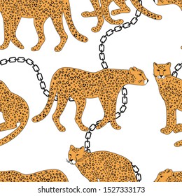 Seamless pattern with leopard print and chain. Vector illustration, with the image of an animal, for printing on t-shirts, postcards, pictures, fabric, dishes, packaging paper.