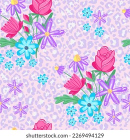 Seamless pattern with leopard print and flowers. Background for textile, fabric, stationery, clothes and other design.