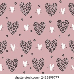 Seamless pattern with leopard print and hearts. Vector illustration.