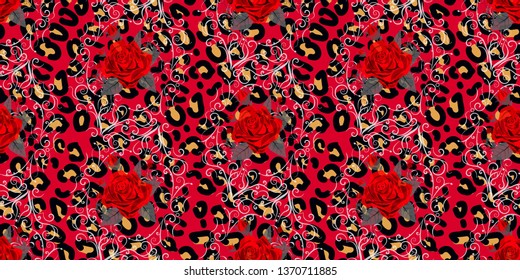 Seamless pattern with leopard print and red roses. Vector background with animal skin and flower texture. For printing on fabric, wallpaper, packaging. eps 10