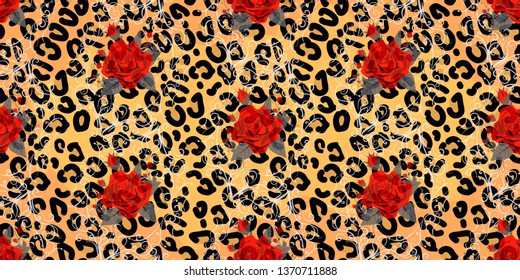 Seamless pattern with leopard print and red roses. Vector background with animal skin and flower texture. For printing on fabric, wallpaper, packaging. eps 10