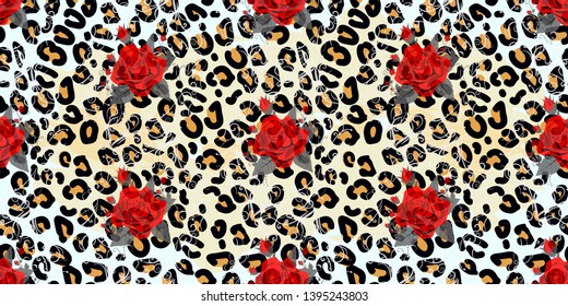 Seamless pattern with leopard print and red roses. Vector background with animal skin and flower texture. For printing on fabric, wallpaper, packaging. eps 10