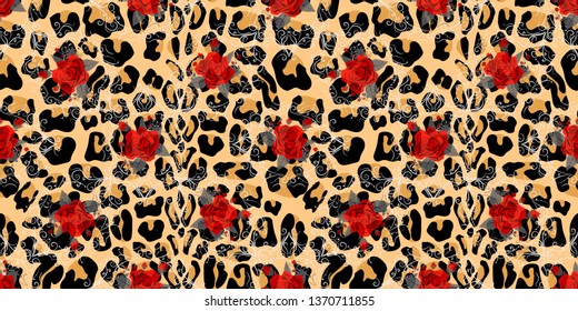 Seamless pattern with leopard print and roses. Vector background with animal skin and flower texture. For printing on fabric, wallpaper, packaging. eps10