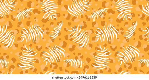 Patrón sin fisuras con estampado de leopardo y siluetas de exóticas hojas de palma. Ornamento tropical de verano. Gráficos de Vector.