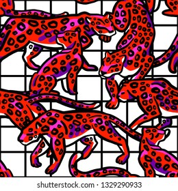 Seamless pattern. Leopard print. Trend print with wild cats. Leopards on the background of the cell. Leopard spots.