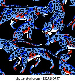 Seamless pattern. Leopard print. Trend print with wild cats. Blue leopards are isolated on a black background.