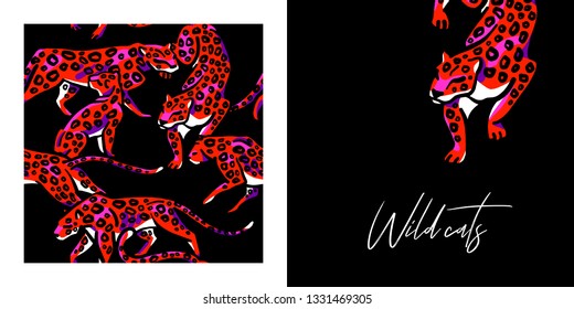 Seamless pattern. Leopard print. Trend print with wild cats. Isolated on black background.
