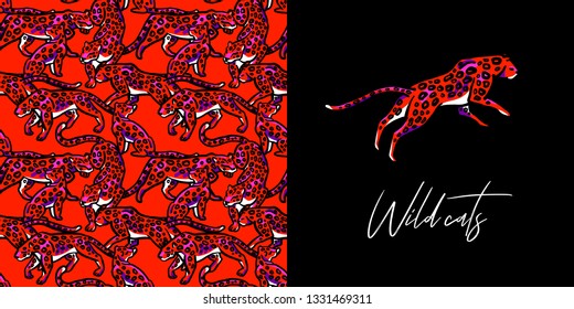 Seamless pattern. Leopard print. Trend print with wild cats. Leopard spots on a red background. Red leopards are walking.