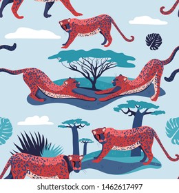 Seamless pattern Leopard print. Trend print with wild cats. Leopard spots on the background of nature. Beautiful leopards are walking.