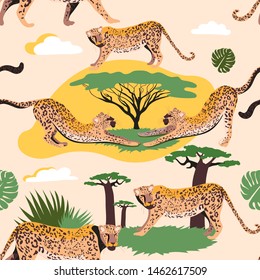 Seamless pattern Leopard print. Trend print with wild cats. Leopard spots on the background of nature. Beautiful leopards are walking.
