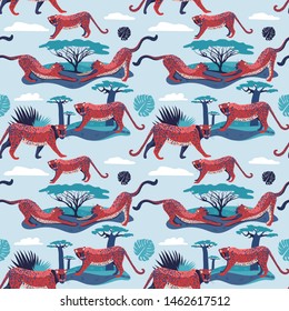 Seamless pattern Leopard print. Trend print with wild cats. Leopard spots on the background of nature. Beautiful leopards are walking.