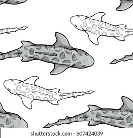 seamless pattern with leopard shark in color and contour on white background