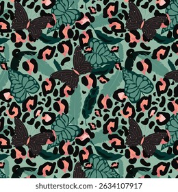 Patrón sin fisuras de piel de leopardo y mariposas, Ilustración vectorial para diseños de tela, moda, fondo y Fondo de pantalla