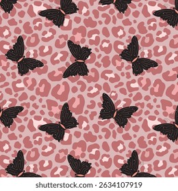 Seamless pattern of leopard skin and butterflies, vector illustration for fabric, fashion, background and wallpaper designs