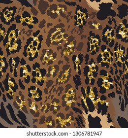 Seamless pattern - leopard skin and gold sequins.