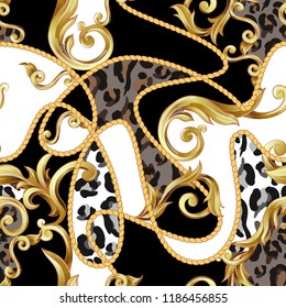 Seamless pattern with leopard skin and golden baroque elements. 