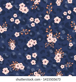 Seamless pattern with leopard skin and pink small flowers. Trendy textile print. Vector hand drawn illustration.