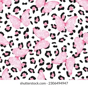 Seamless pattern of leopard skin and pink butterflies, vector illustration for fabric, fashion, background and wallpaper designs