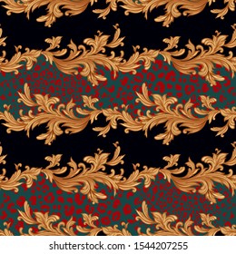 Seamless pattern. Leopard skin spots and baroque decorations. Baroque decor elements and beast style. Gold foil print, black and red. Vector illustration. Vintage.