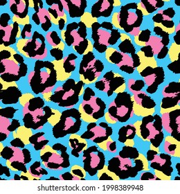 seamless pattern of leopard skin texture, vector repeating background with cheetah spots, multicolored speckled animal print, CMYK typographic shades