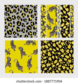 Seamless pattern with leopard skin and tiger in yellow illuminate and gray color. Vector.