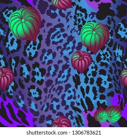 Seamless pattern - leopard skin and tropical leaves.