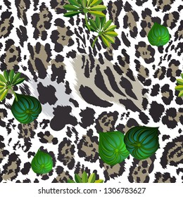 Seamless pattern - leopard skin and tropical leaves.