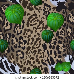 Seamless pattern - leopard skin and tropical leaves.